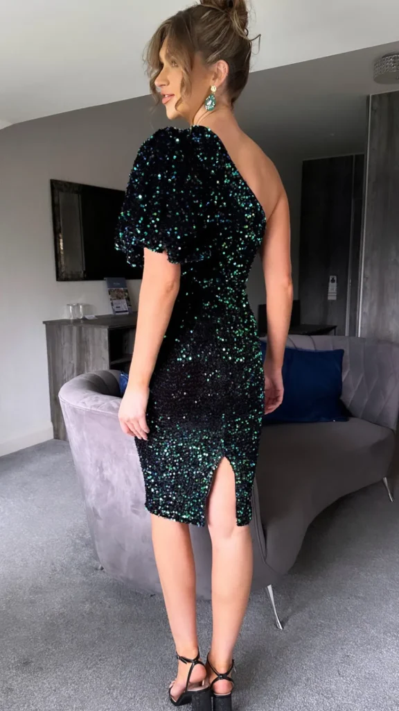 GIRL IN MIND Going Out Dresses | Occasion Dresses^Tennessee Green & Black Velvet Sequin One Shoulder Midi Dress