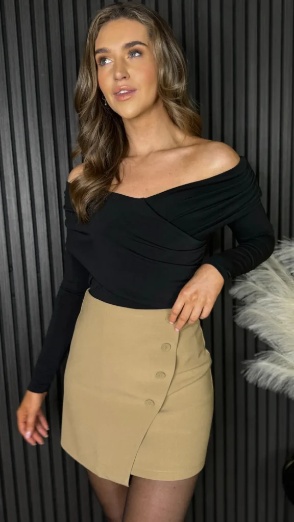 FEELKOO Skirts & Shorts^Terrie Camel Wrap Style Button Detail Mini Skirt