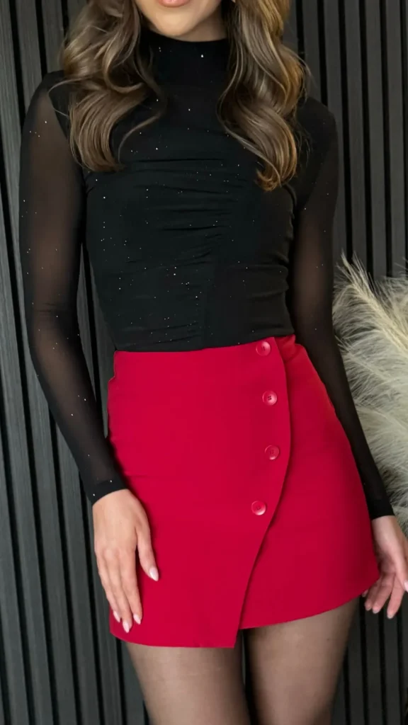 FEELKOO Skirts & Shorts^Terrie Red Wrap Style Button Detail Mini Skirt