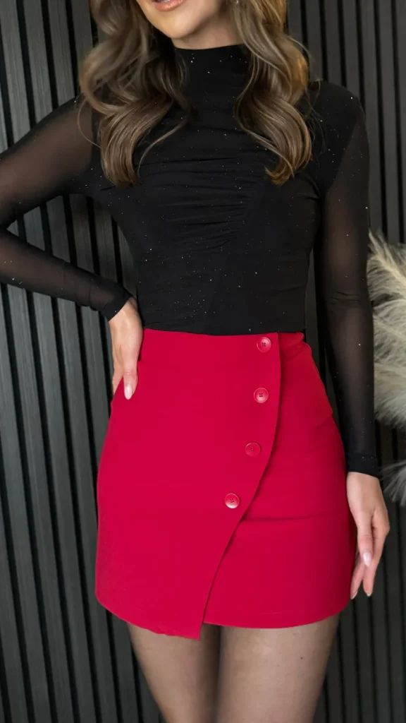 FEELKOO Skirts & Shorts^Terrie Red Wrap Style Button Detail Mini Skirt
