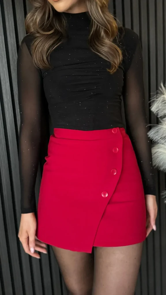 FEELKOO Skirts & Shorts^Terrie Red Wrap Style Button Detail Mini Skirt