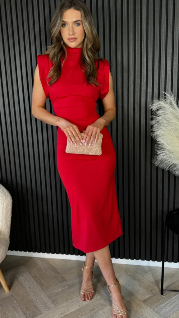COPPEROSE Going Out Dresses | Occasion Dresses^Tess Red High Neck Midi Dress
