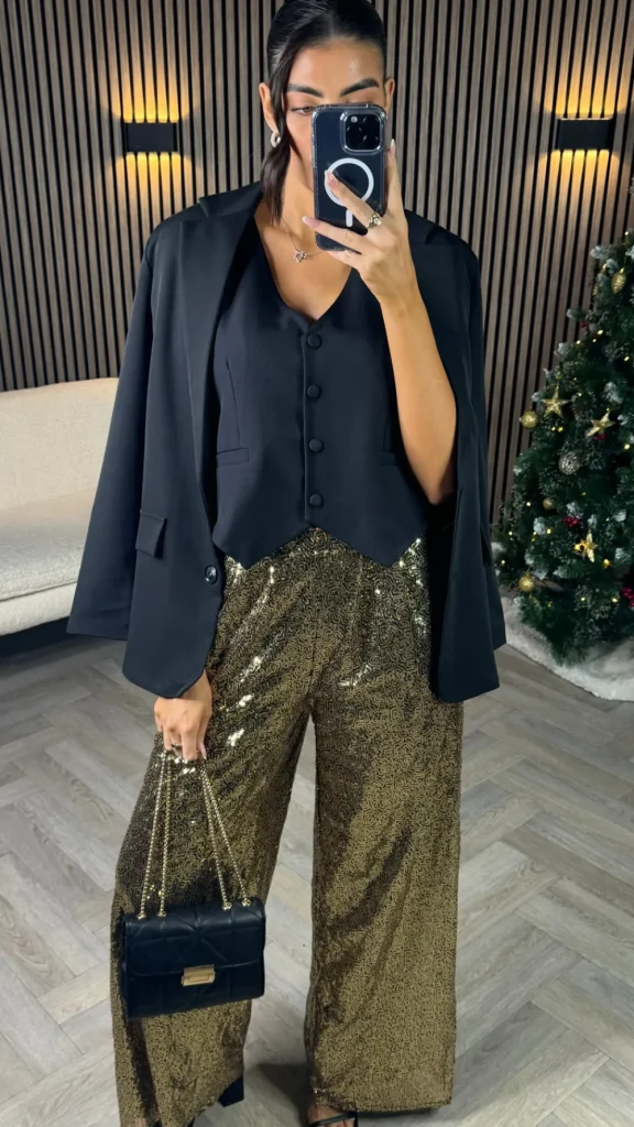 COPPEROSE Trousers^Tilly Gold Glitter Detail Wide Leg Trousers
