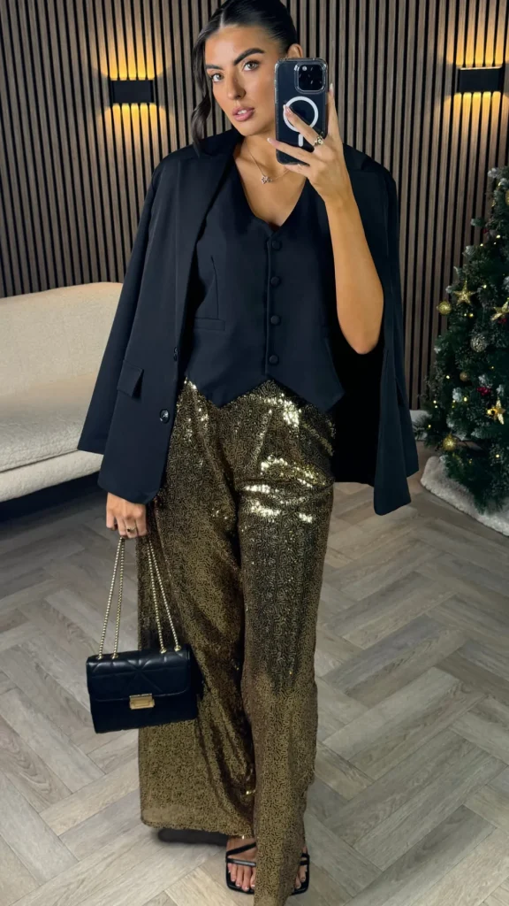 COPPEROSE Trousers^Tilly Gold Glitter Detail Wide Leg Trousers