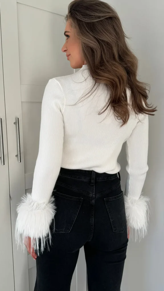 LUCCE Knitwear^Tina White Ribbed High Neck Feather Detail Cuff Jumper
