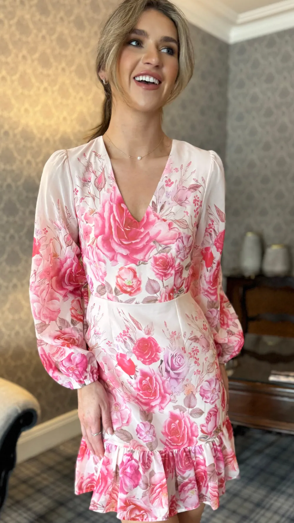 triona_pink_floral_v_neck_1.webp GIRL IN MIND Going Out Dresses | Occasion Dresses^Triona Pink Floral V Neck Mini Dress