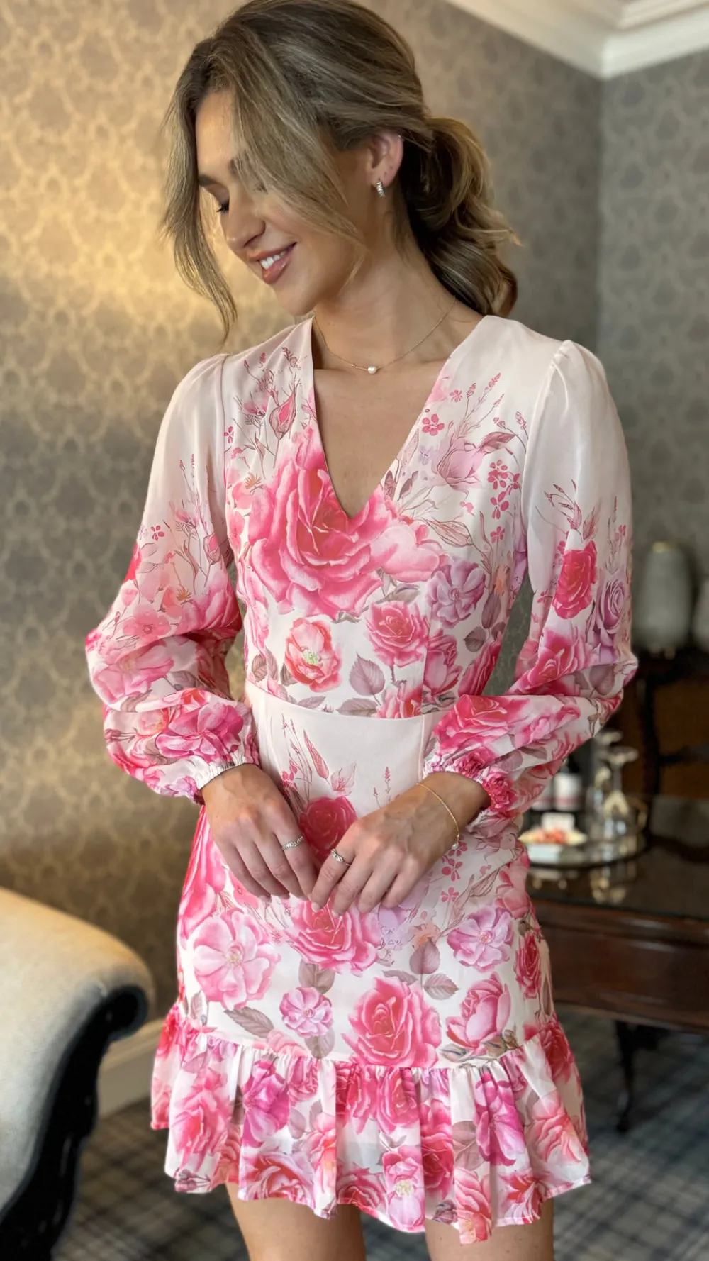 triona_pink_floral_v_neck_4.webp GIRL IN MIND Going Out Dresses | Occasion Dresses^Triona Pink Floral V Neck Mini Dress