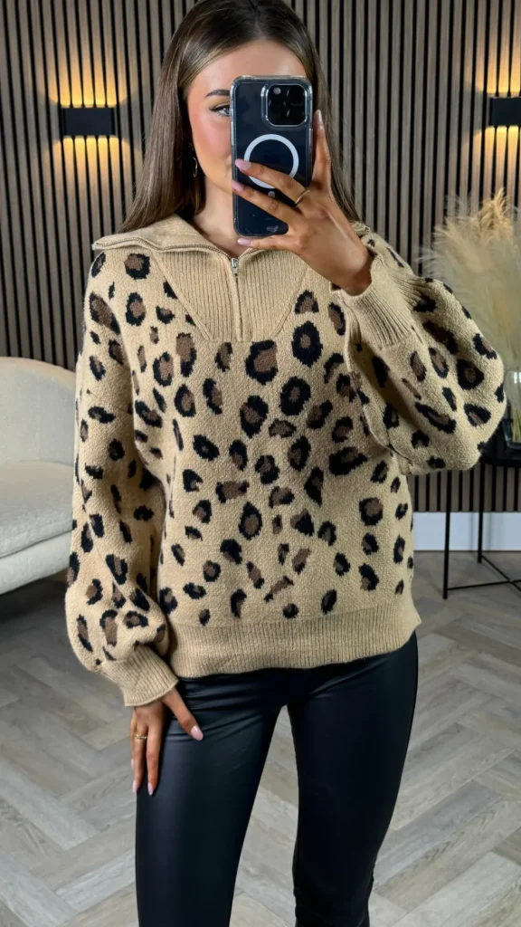 LILY ROSE BY FJ Knitwear^Udessa Beige & Black Leopard Print 1/4 Zip Roll Neck Jumper