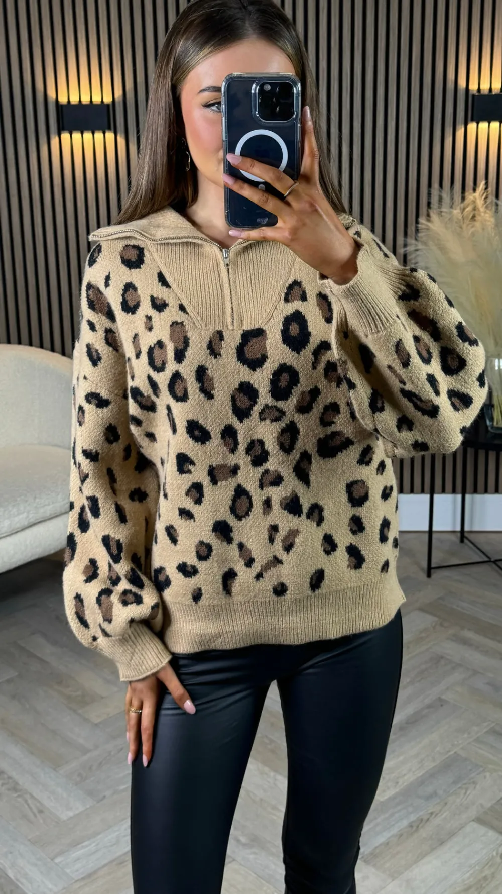 udessa_beige_amp_black_le_0.webp LILY ROSE BY FJ Knitwear^Udessa Beige & Black Leopard Print 1/4 Zip Roll Neck Jumper