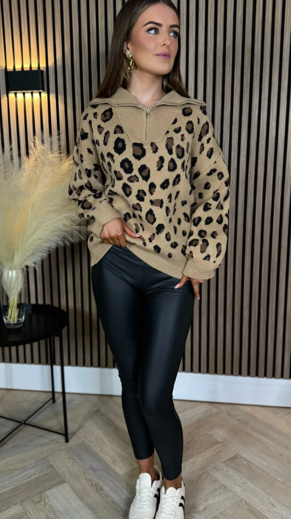 udessa_beige_amp_black_le_1.webp LILY ROSE BY FJ Knitwear^Udessa Beige & Black Leopard Print 1/4 Zip Roll Neck Jumper