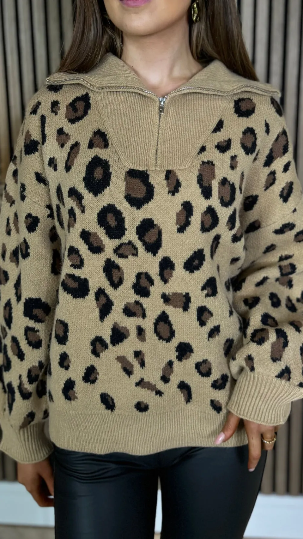 udessa_beige_amp_black_le_2.webp LILY ROSE BY FJ Knitwear^Udessa Beige & Black Leopard Print 1/4 Zip Roll Neck Jumper