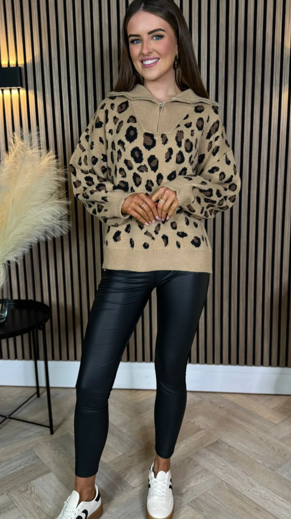 udessa_beige_amp_black_le_3.webp LILY ROSE BY FJ Knitwear^Udessa Beige & Black Leopard Print 1/4 Zip Roll Neck Jumper