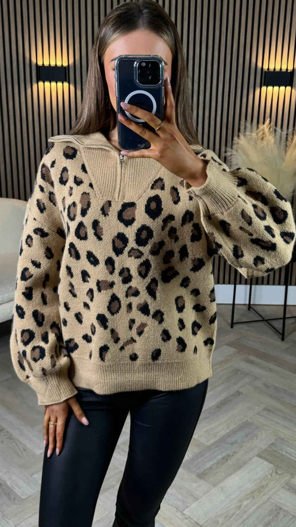 udessa_beige_amp_black_le_4.webp LILY ROSE BY FJ Knitwear^Udessa Beige & Black Leopard Print 1/4 Zip Roll Neck Jumper