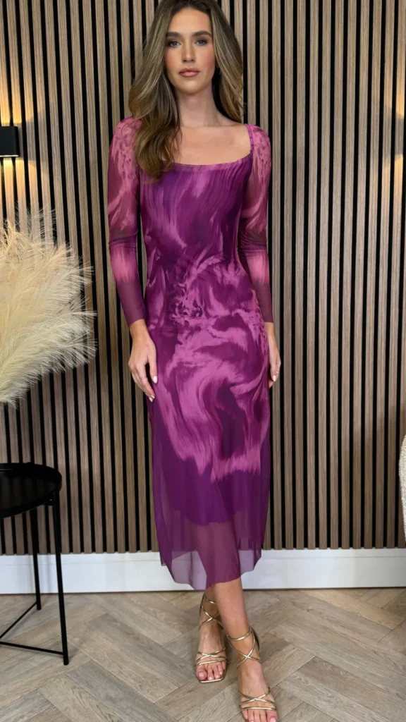 COPPEROSE Fitted Dresses | Going Out Dresses^Unabelle Purple Printed Square Neckline Midi Dress