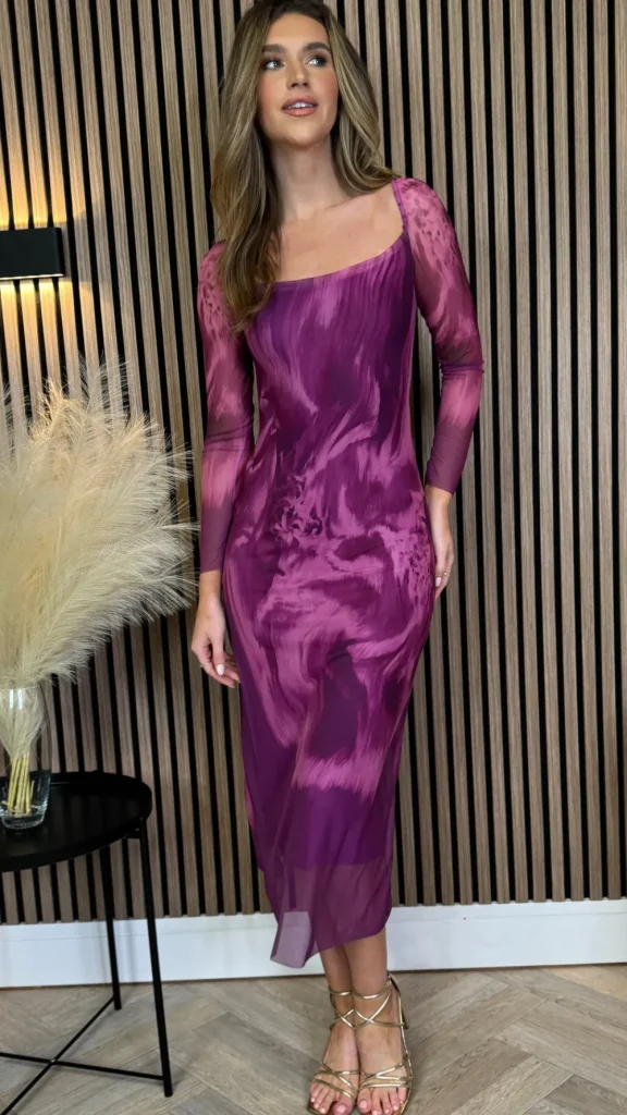 COPPEROSE Fitted Dresses | Going Out Dresses^Unabelle Purple Printed Square Neckline Midi Dress