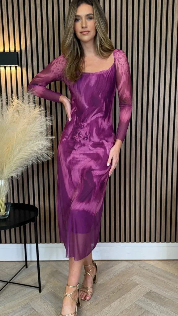 COPPEROSE Fitted Dresses | Going Out Dresses^Unabelle Purple Printed Square Neckline Midi Dress