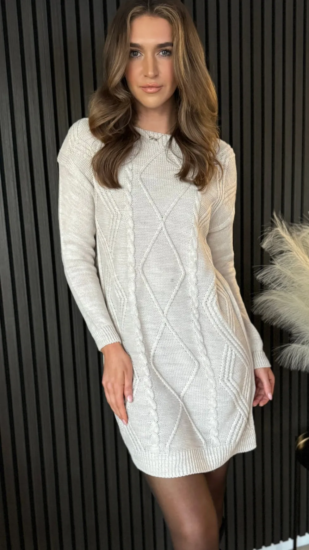 valencia_beige_cable_knit_2.webp ESTEE BROWN Knitwear | Mini Dresses^Valencia Beige Cable Knit Patterned Jumper Dress