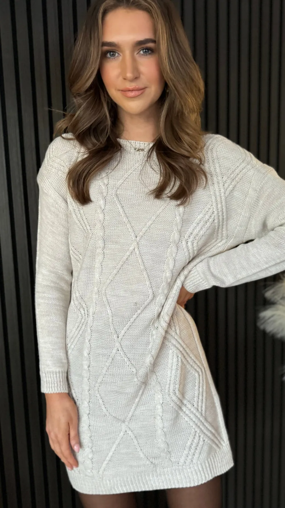 valencia_beige_cable_knit_4.webp ESTEE BROWN Knitwear | Mini Dresses^Valencia Beige Cable Knit Patterned Jumper Dress