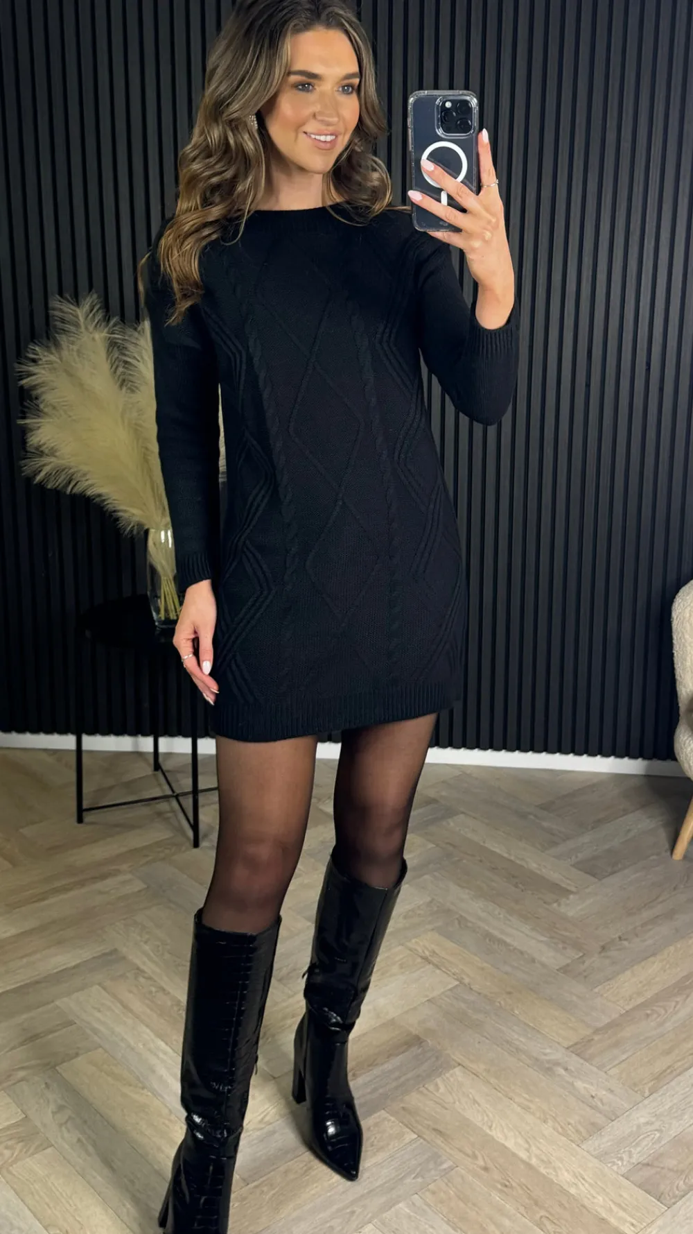 valencia_black_cable_knit_0.webp ESTEE BROWN Knitwear | Mini Dresses^Valencia Black Cable Knit Patterned Jumper Dress