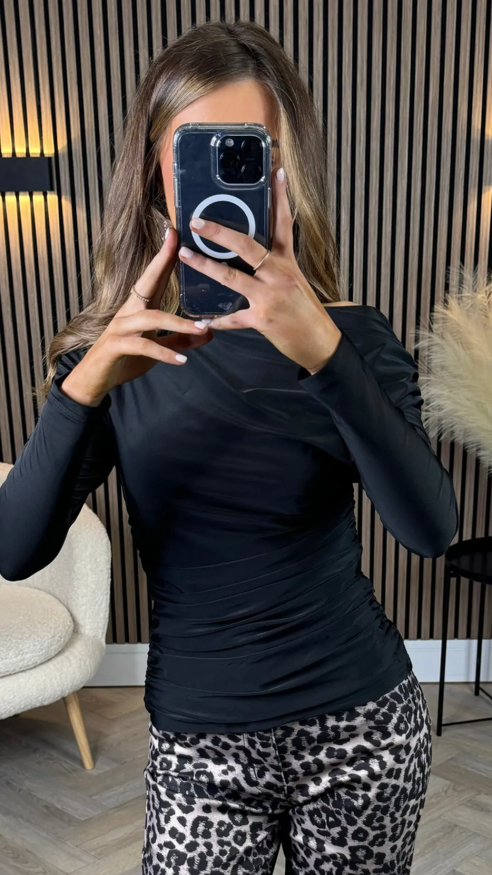 valerie_black_off_the_sho_3.webp AX PARIS Tops^Valerie Black Off The Shoulder Long Sleeves Ruched Waist Top