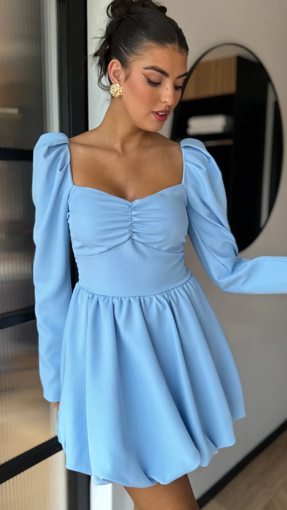 vikki_baby_blue_long_slee_5.webp ALLYSON Occasion Dresses | Mini Dresses^Vikki Baby Blue Long Sleeve Skater Mini Dress