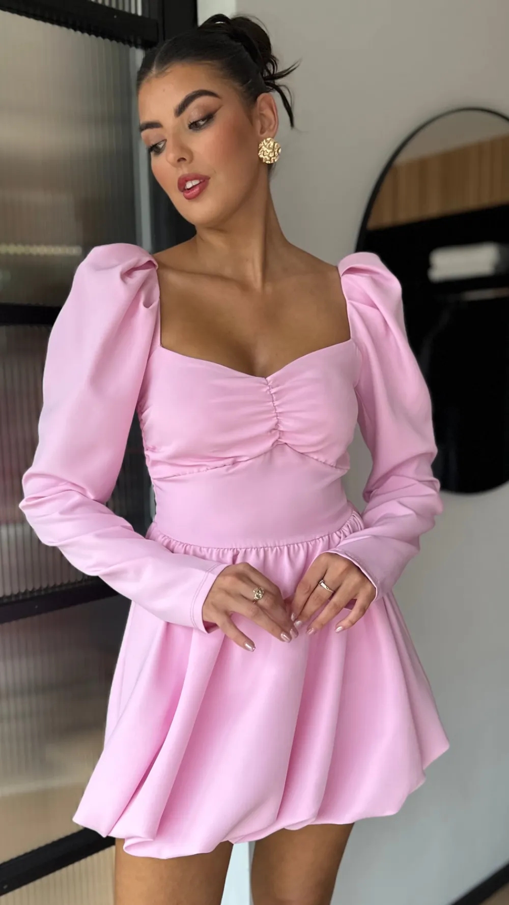 vikki_rose_pink_long_slee_2.webp ALLYSON Day Dresses | Occasion Dresses^Vikki Rose Pink Long Sleeve Skater Mini Dress