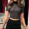 BABEZ LONDON Tops^Willow Black High Neck Studded Mesh Top