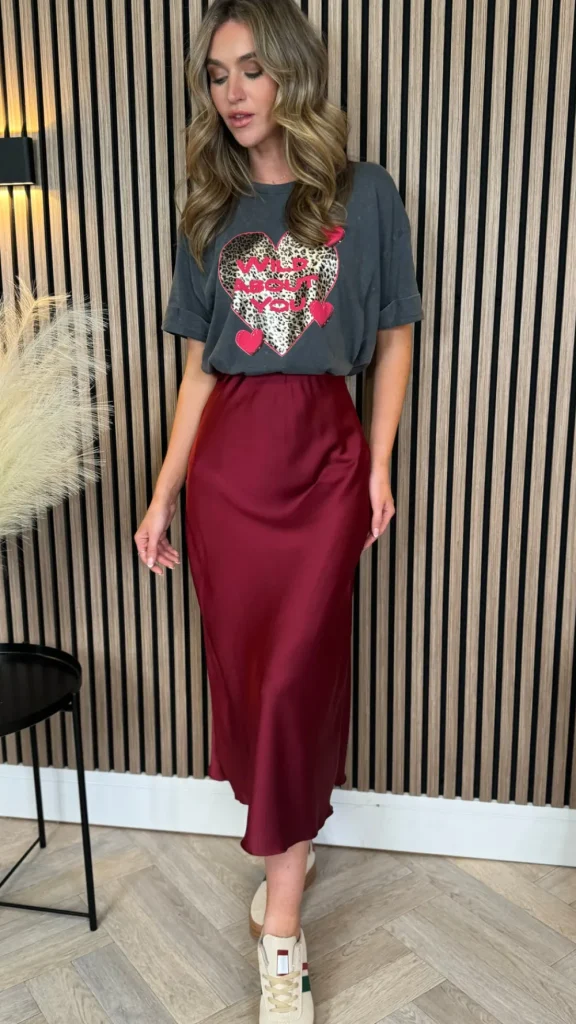 COPPEROSE Skirts & Shorts^Yaella Burgundy Satin Slip Skirt