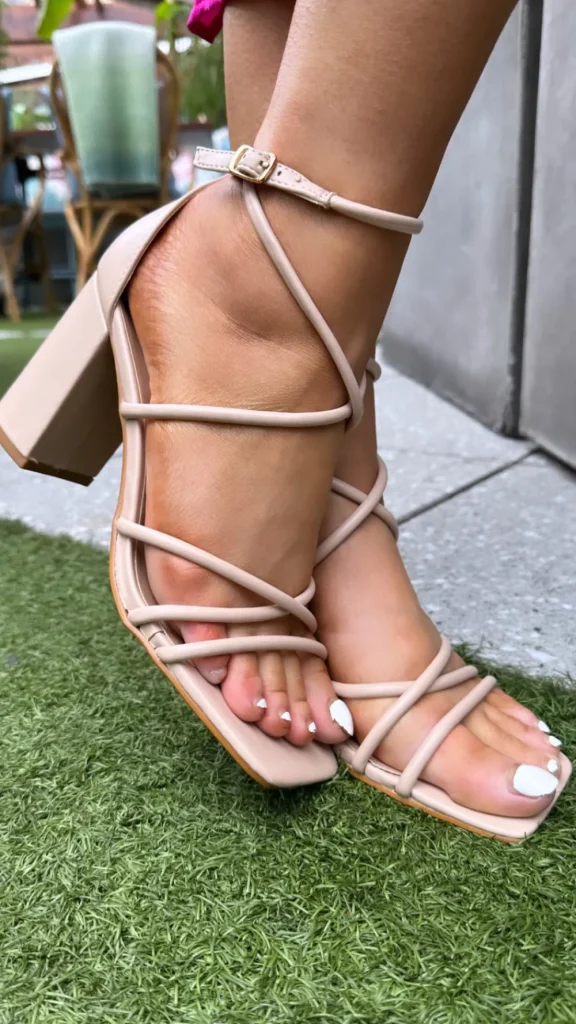 EWANY Heels^Yara Nude Strappy Block Heeled Sandal