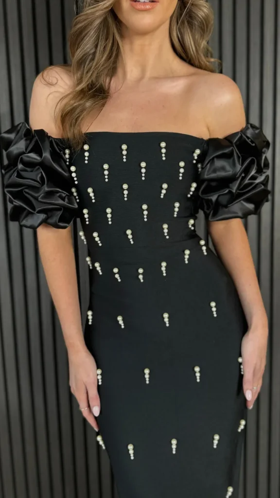 FP & CO Going Out Dresses | Occasion Dresses^Zara Black Puff Sleeve Embellished Bandage Midi Dress