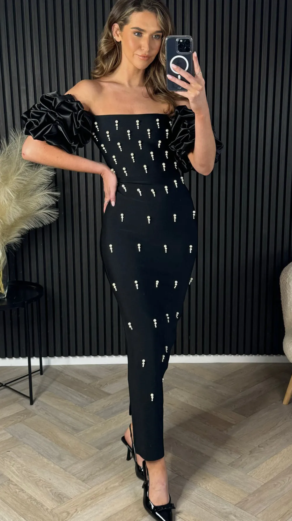 zara_black_puff_sleeve_em_2.webp FP & CO Going Out Dresses | Occasion Dresses^Zara Black Puff Sleeve Embellished Bandage Midi Dress