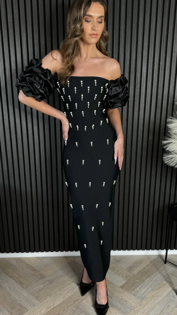 FP & CO Going Out Dresses | Occasion Dresses^Zara Black Puff Sleeve Embellished Bandage Midi Dress