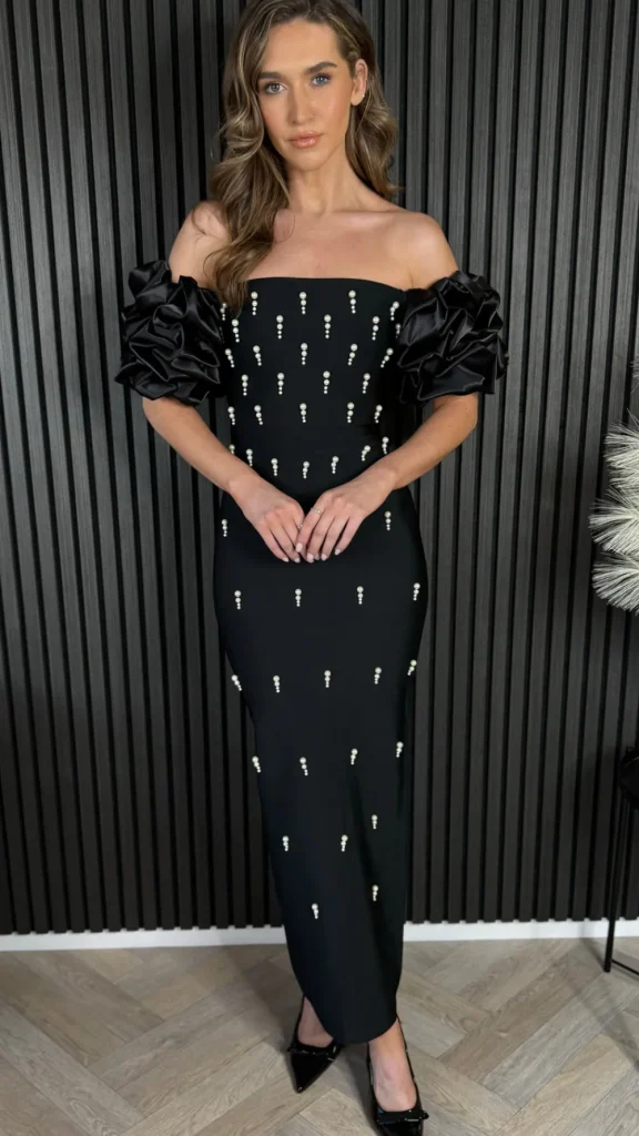 FP & CO Going Out Dresses | Occasion Dresses^Zara Black Puff Sleeve Embellished Bandage Midi Dress