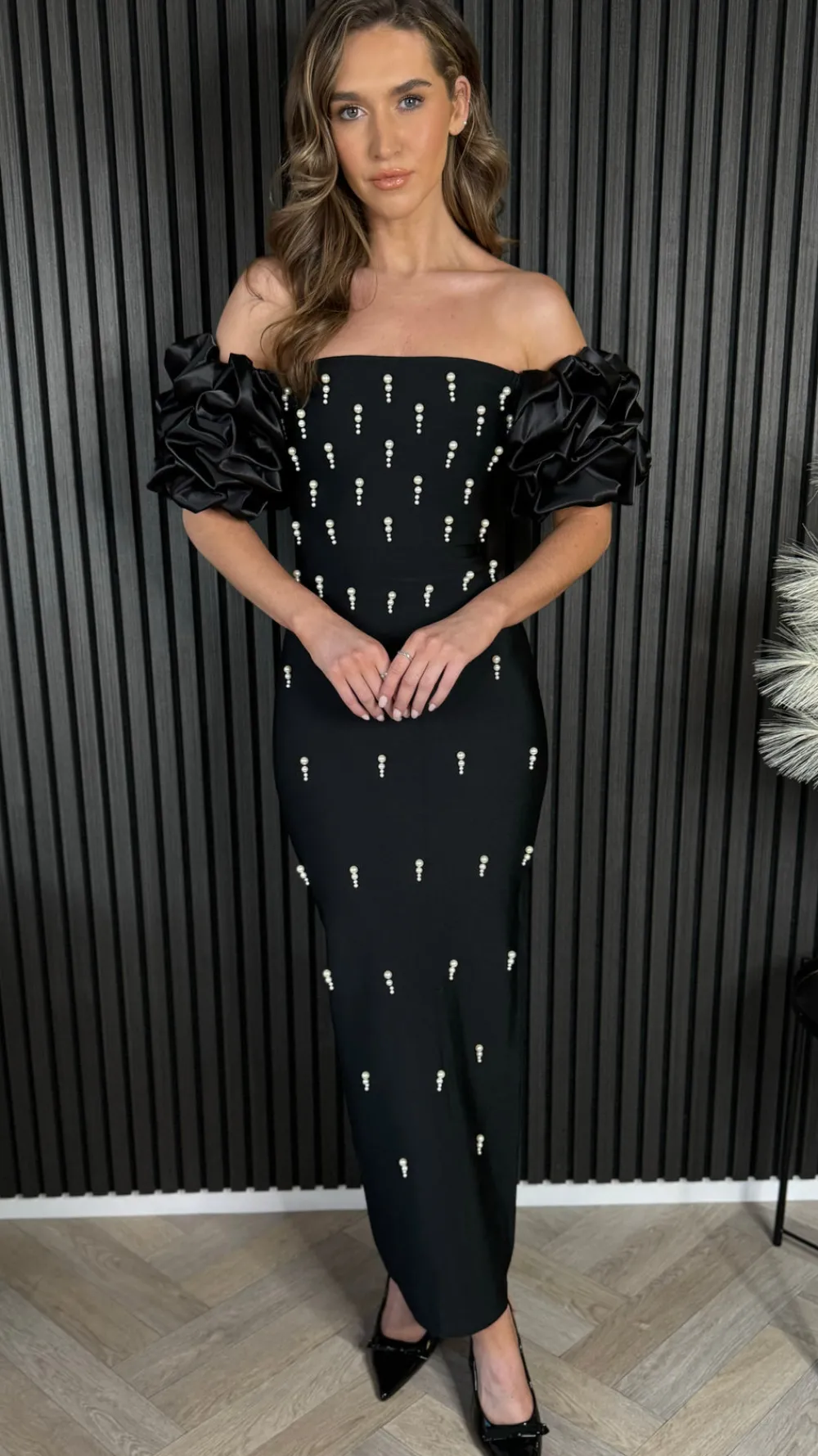 zara_black_puff_sleeve_em_6.webp FP & CO Going Out Dresses | Occasion Dresses^Zara Black Puff Sleeve Embellished Bandage Midi Dress