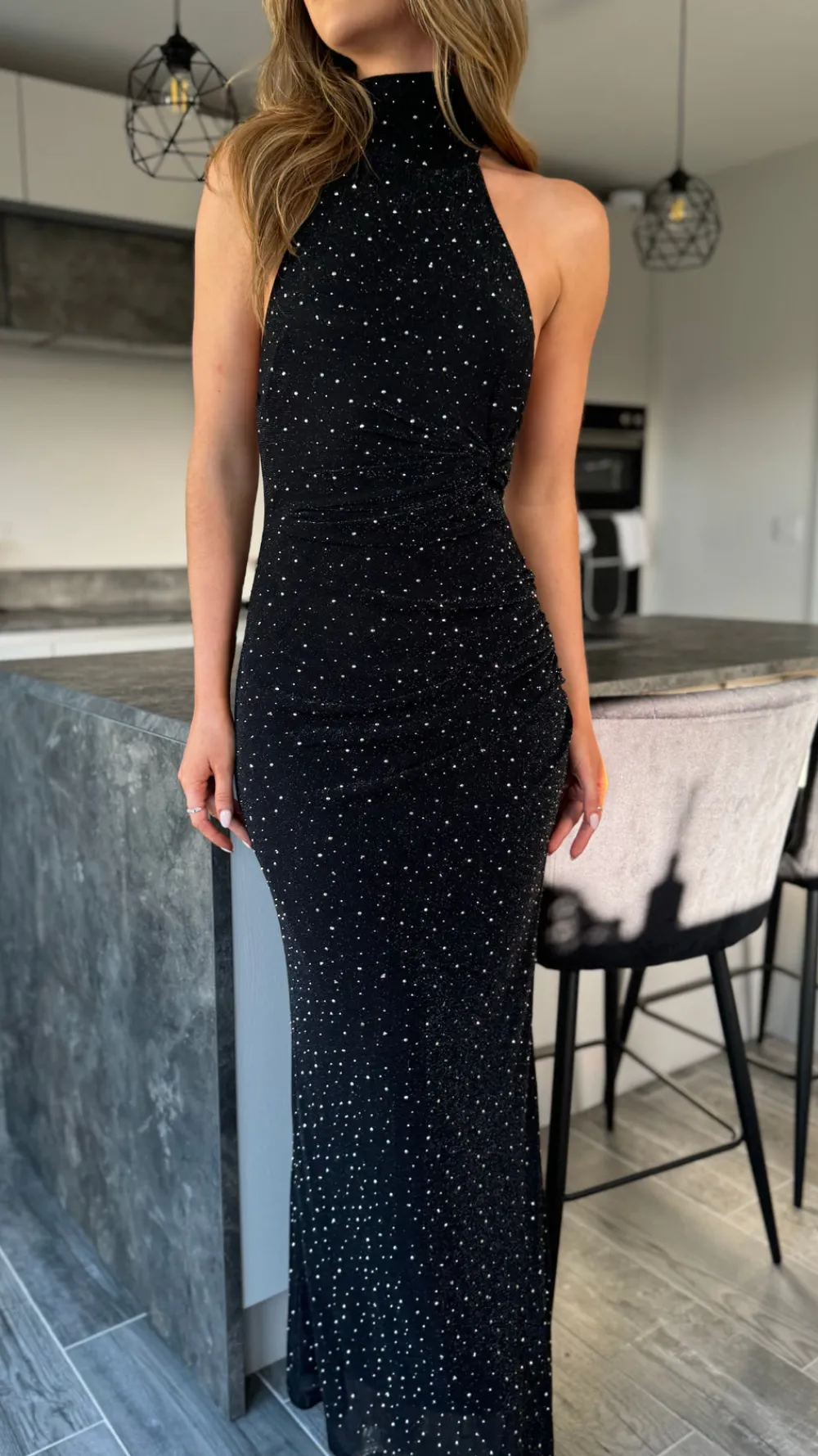 zelda_black_sparkle_halte_4.webp VERA LUCY Fitted Dresses | Going Out Dresses^Zelda Black Sparkle Halter Neck Maxi Dress