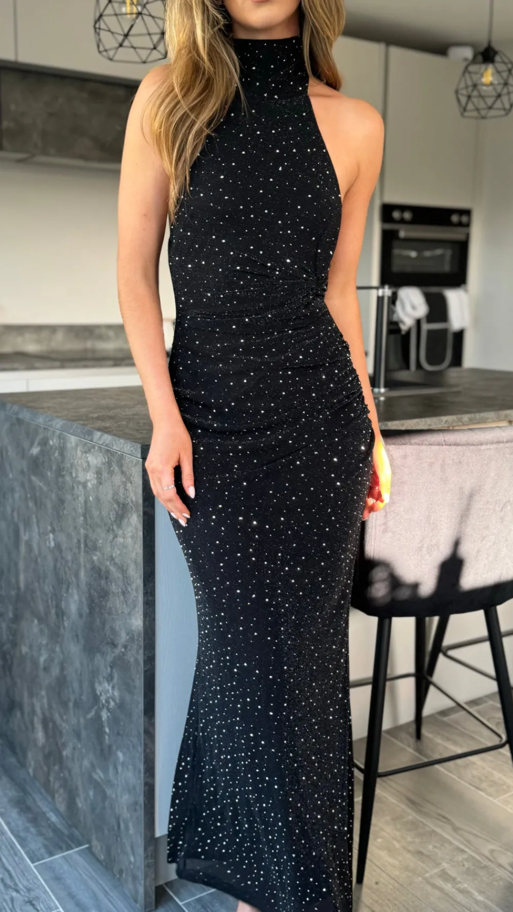 zelda_black_sparkle_halte_5.webp VERA LUCY Fitted Dresses | Going Out Dresses^Zelda Black Sparkle Halter Neck Maxi Dress